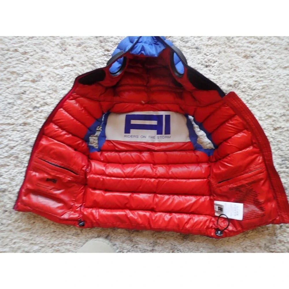 AI Riders On The Storm Puffer Vest Kids 6Y Blue Excellent Goggle Hood‎ Pom-Pom